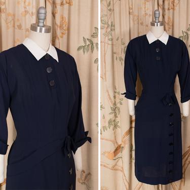 1950s Dress - The Parlay Dress - Saucy Vintage 50s Navy Rayon Day Dress with Asymmetric Styling and Buttons Accents 