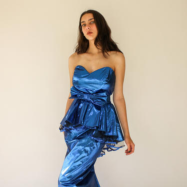 Vintage 80s L.A. Glo Metallic Blue Strapless Empire Peplum Waist Party Gown | Made in USA | 1980s Metallic Mermaid Peplum Waist Prom Dress 