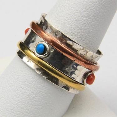 Vintage Artisan Spinner Ring Band Turquoise Coral Hammered Sterling Silver Sz 9 