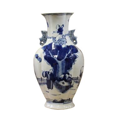 Chinese Blue White Porcelain Oriental Graphic Flat Oval Vase ws734E 