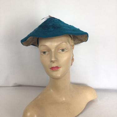 Vintage 40s hat | Vintage turquoise flannel faux fur conical hat  | 1940s E. Chard Doerr millinery 