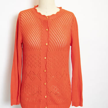 1970s Top Knit Coral Cardigan Sheer Small 
