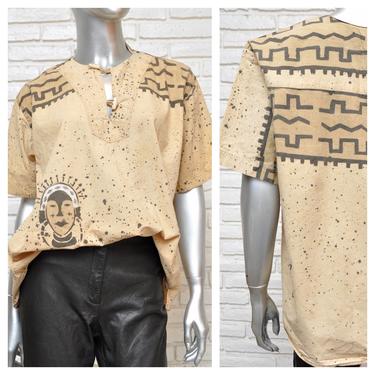 Vintage African Print Tunic Shirt Womens size S/M Beige and Black Dashiki Blouse with Africa African Mask 