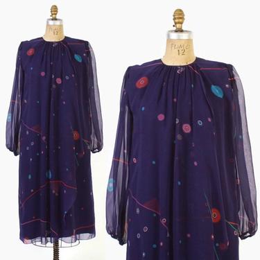 Vintage 80s HANAE MORI DRESS / 1980s Abstract Print Purple Silk Chiffon Dress S - M 