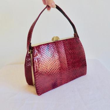 Vintage 1940's 50's Red Snakeskin Leather Purse Top Handle Gold Frame Hardware Structured Rockabilly 40's Handbags 