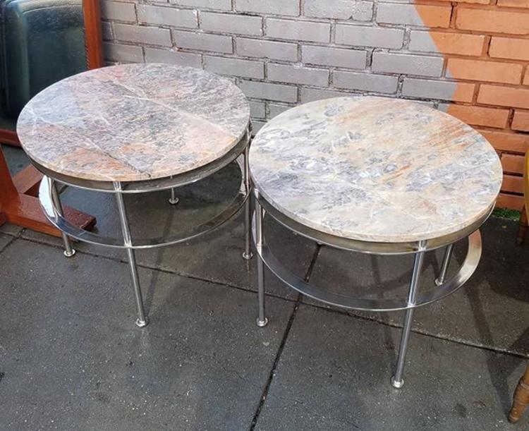 SOLD. "Kettledrum" Marble Top Chrome Base Industrial End Tables.