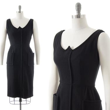 Vintage 1950s Wiggle Dress | 50s Black Wool Wiggle Winter Fall Day Dress with Pockets (small) 