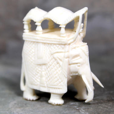 Miniature Carved Ivory Colored Elephant - Indian Elephant and Rider - Folk Art  | FREE SHIPPING 