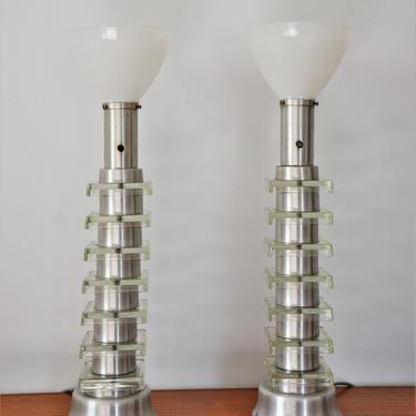 Art Deco Machine Age Table Lamps in Spun Aluminum and Glass - Mogul Bulb Socket by SourcedModern