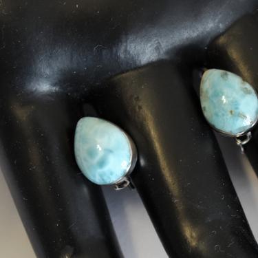 Simple 80's larimar sterling puffy teardrop locking hook dangles, pretty 925 silver cloudy blue stone Summer earrings 