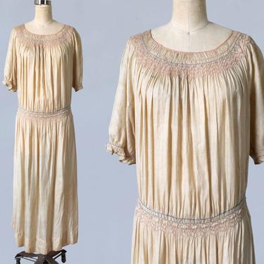 1920s Dress / 20s Embroidered Peasant Dress / Smocked Hip and Shoulders / Natural Pongee Silk / Workwear 