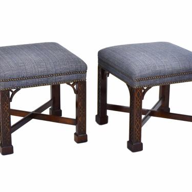 Vintage Pair Fine Quality Chinese Chippendale Mahogany Benches Ottomans Stools 
