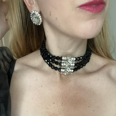 Glam Black Bead Diamond Rhinestone Choker Necklace
