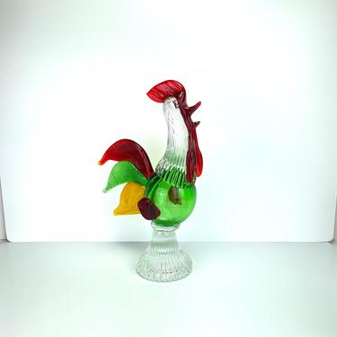 Vintage Murano Art Glass Rooster Sculpture Figure Green Red Yellow Italy 
