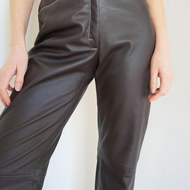 Y2K Deep Brown Leather Contrast Stitch Trousers sz 6 28 Minimal Lambskin Chestnut Minimalist 