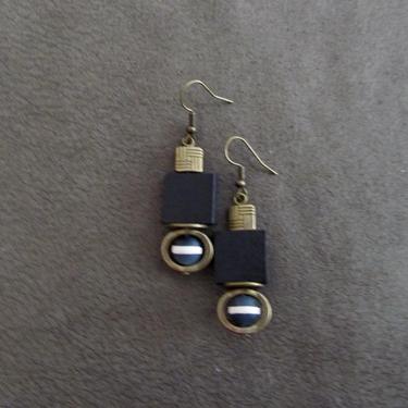 Wooden earrings, small agate earrings, ethnic dangle earrings, mid century modern earrings, antique bronze earrings, unique earrings, black 