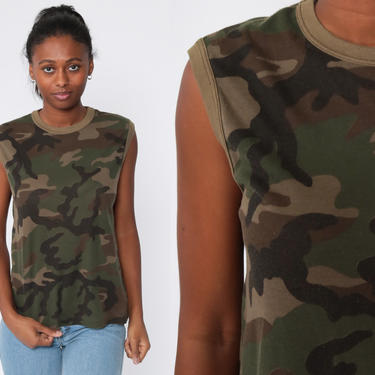 Camo T Shirt Army Tank Top Camouflage Shirt Muscle Tee 80s Green Military Grunge Hipster Retro Tee Vintage Small 