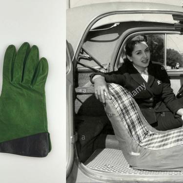 Driver's Right of Way - Vintage 1950s 1960s Emerald Green Nubuck Leather Driving Gloves - 7/7.5 