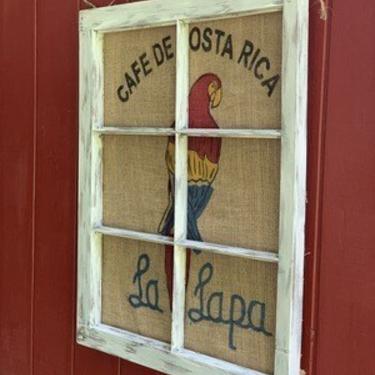 Vintage Wall Art, Burlap Coffee Bean Sack, Window Frame