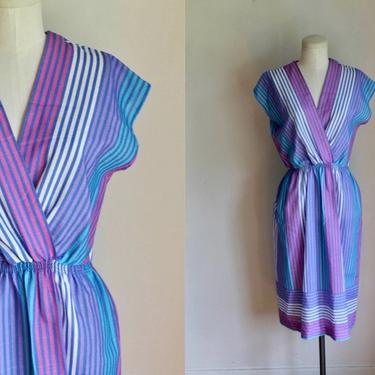 Vintage 1980s Striped Faux Wrap Dress / S 