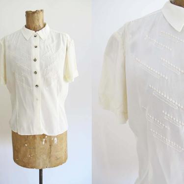 Vintage 50s Blouse M - 50s Judy Bond White Rayon  Top - Rhinestone Button Blouse - 1950s Clothing - Embroidered Top 