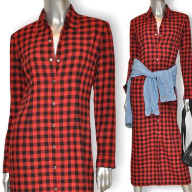 Vintage Red and Black Plaid Flannel Shirt Dress Size M 