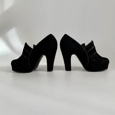1940'S Platform Heels - Black Suede with Shiny Leather Trim - AUER LUXUS Maker - Museum Worthy Beauties - Super Small - Women's 3-1/2 