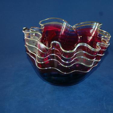 Scott &amp; Laura Curry Art Glass Bowl ~ Multicolored Fuschia, Teal, Turquoise w Gold Overlay Ruffled Handkerchief Ribbon Studio Art Glass Bowl 