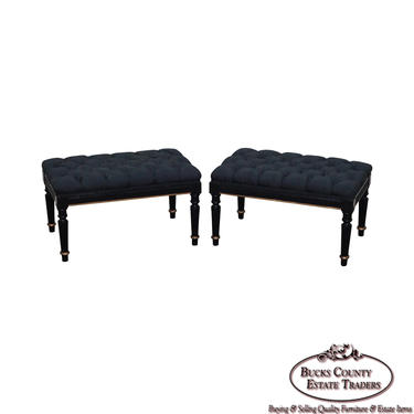 Quality Pair of Regency Style Black &amp; Gold Tufted Ottomans 