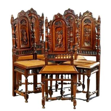 Dining Chairs, Oak, Set of Five Spanish Renaissance Style, Figural, Carved Wood