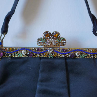1920s Brass and floral enamel floral evening bag 