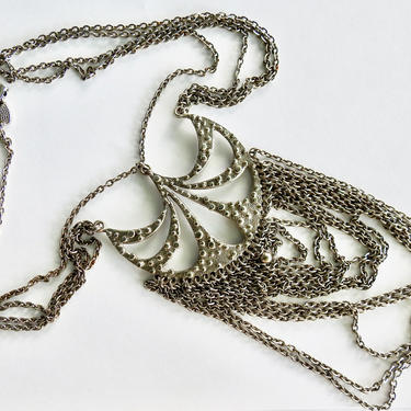 Goldette Type Modernist Textured Silver Tone Multi Chain Necklace 