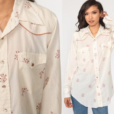 Wrangler Western Shirt 70s Floral Blouse Pearl Snap Shirt White Top 1970s Vintage Button Up Boho Long Sleeve Rockabilly Medium Large 