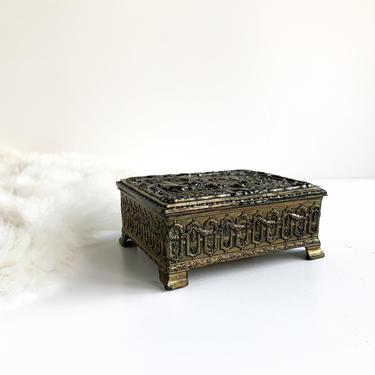 Ornate Cast Brass Box, Brass Bas-Relief Wood Lined Cigarette Box, Trinket Box 