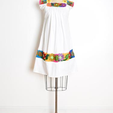 vintage Mexican dress white colorful floral embroidered babydoll hippie boho dress clothing XS 