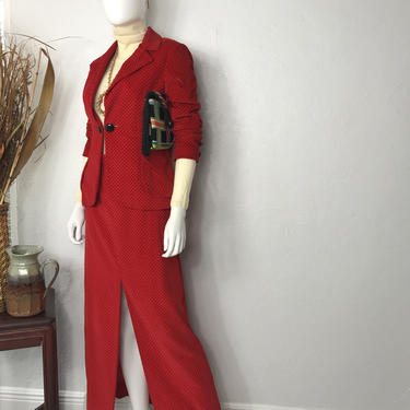 Vtg 70s red velvet 2 piece suit skirt set XS SM 
