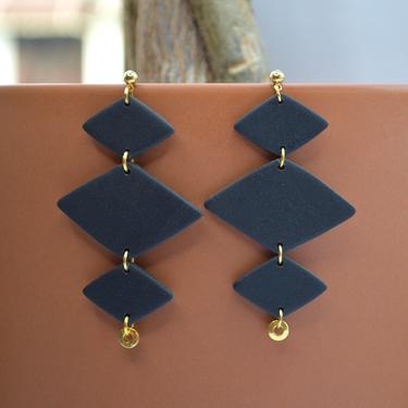 Black Geometric Diamond Clay Earrings with Gold Accents, Gift for Her 