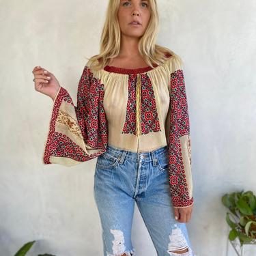 GYPSY QUEEN Embroidered Sheer Cream Silk Crop Peasant Blouse - Wide Sleeve - OS 