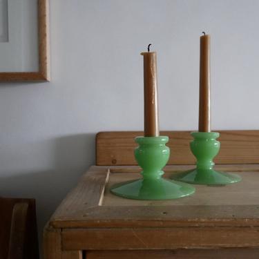 Green Milk Glass Candle Holder Pair, Short