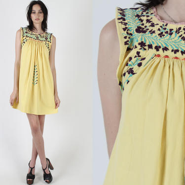 Yellow Oaxacan Dress / Mexican Style Floral Embroidery / Sleeveless Heavy Cotton Tank Top / Authentic Hand Embroidered Womens Mini Dress 