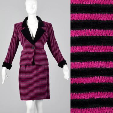 Yves Saint Laurent Rive Gauche Skirt Suit Corduroy Separates Black & Fuchsia Striped Pencil Skirt Jacket Vintage 1990s 