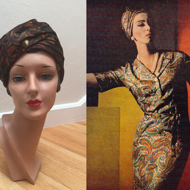 Swirling About Her Head - Vintage 1960s Brown Floral Brushed Felt &amp; Velvet Turban Hat 