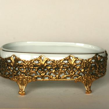 vintage white porcelain soap dish in a gold filigree footed  holder /hollywood regency 