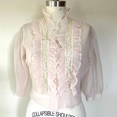 1950s Pale pink ruffled nylon blouse 