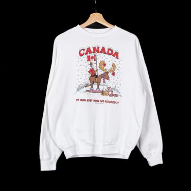 80s Canadian Mountie & Moose Sweatshirt - Men's Large, Women's XL | Vintage White Funny Animal Graphic Pullover 