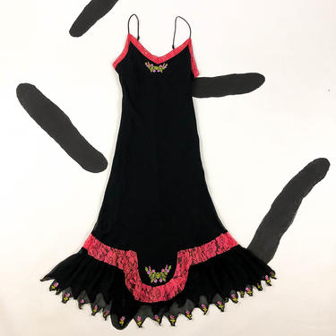 90s Betsey Johnson Black and Pink Slip Dress / Scalloped Hem / Pink Lace / Floral Detail / Size Large / Spaghetti Straps / Romantic / y2k / 