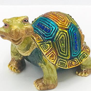 Vintage Brass Tortoise Turtle Bejeweled Enamel Covered Trinket Dish with Hinged Lid. 