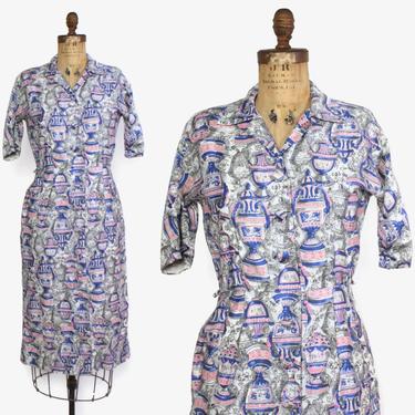 Vintage 50s Novelty Print Dress / 1950s Grecian Urns Print Cotton Shirt Dress 