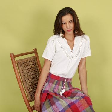 50s White Short Sleeve Crochet Blouse Vintage Boho Folk Cotton Top 