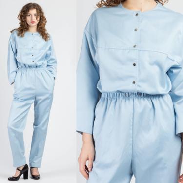 80s Baby Blue Jumpsuit - Medium to Large | Vintage Shiny Retro Long Sleeve Pantsuit 